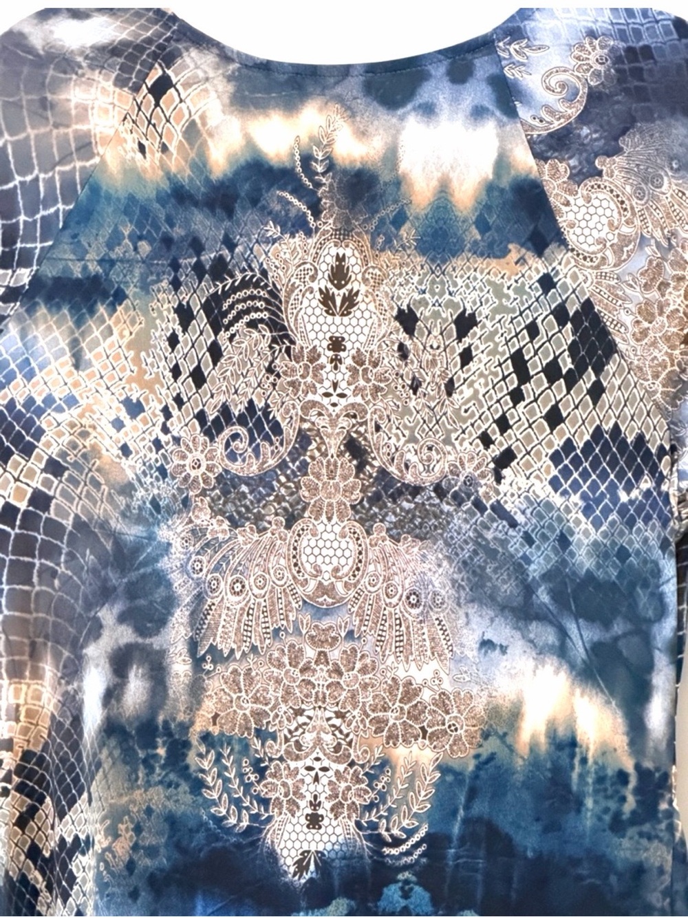 VENUS Embellished Mixed Print Blue and Cream Beaded V-Neck Blouse Size L - Picture 7 of 12